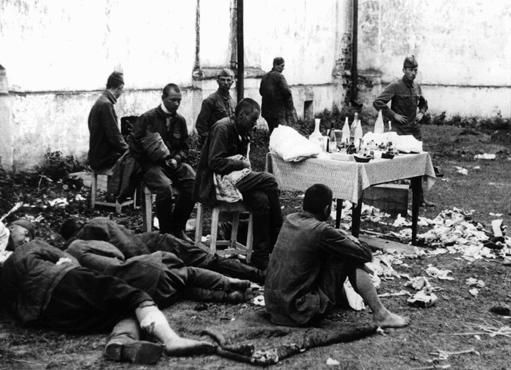 Wounded Soviet prisoners of war await medical attention in Poland